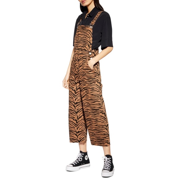 Topshop Pants - Topshop Tiger Print Wide Leg Raw Hem Overalls 2